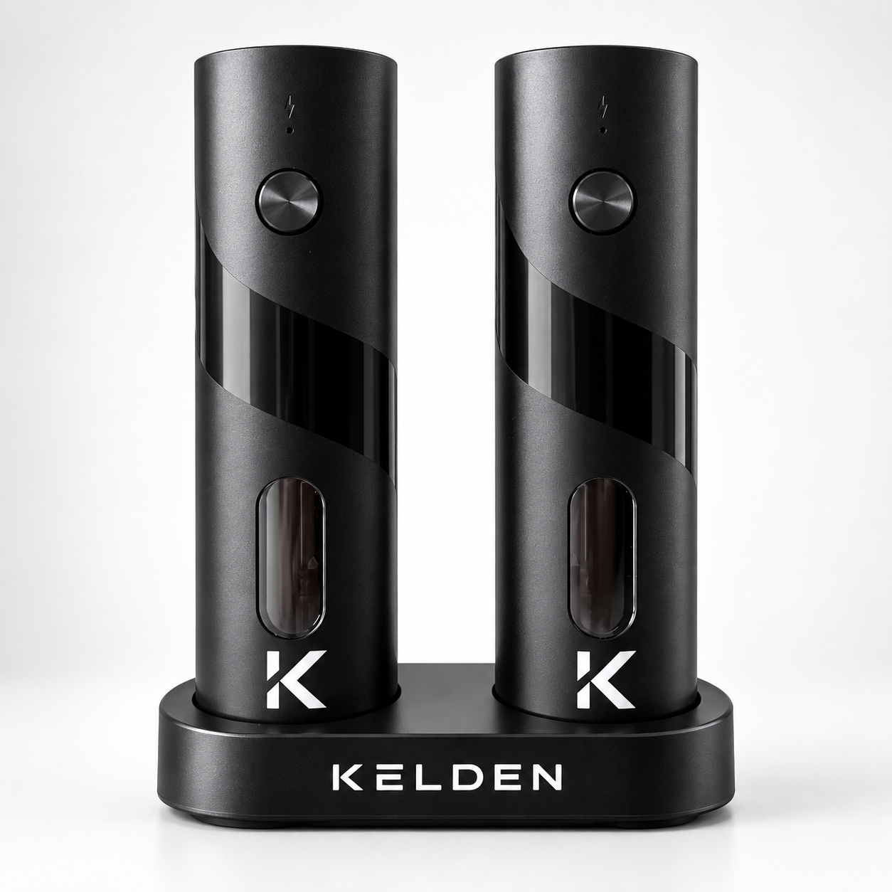 Kelden electric salt and pepper grinders on charging stand